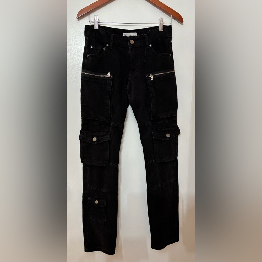 Zara Collection Women The Slim Cargo Mid Waist Black Denim Jeans Zip Fly Size 0